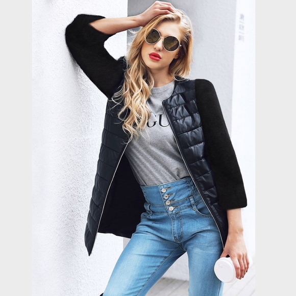 Black Zip Up PU Quilted Vest Jacket - Picture 3 of 8